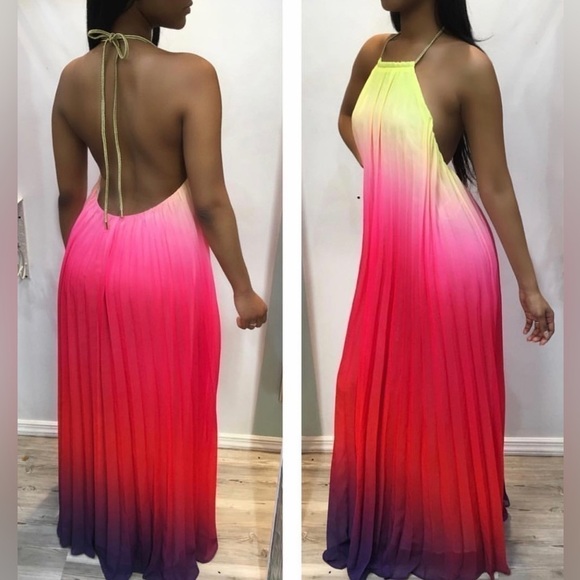 SOLD - Pleated OMBRE HALTER MAXI DRESS - PINK RED - Picture 3 of 9